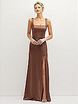 Front View Thumbnail - Cognac Square-Neck Satin A-line Maxi Dress with Front Slit