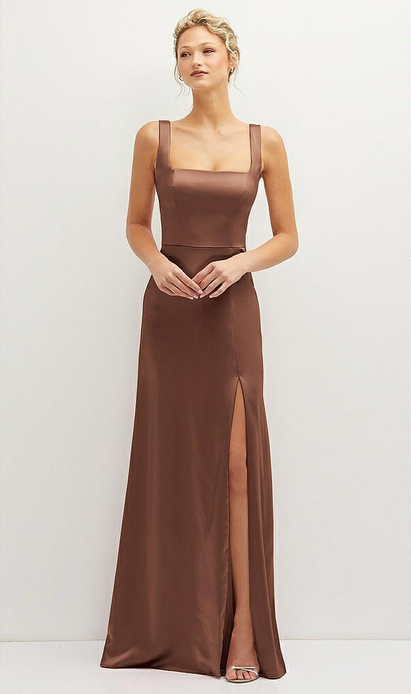 Front View - Cognac Square-Neck Satin A-line Maxi Dress with Front Slit