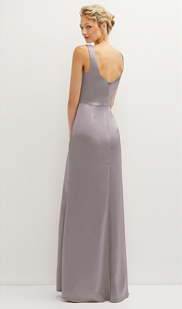 Back View - Cashmere Gray Square-Neck Satin A-line Maxi Dress with Front Slit