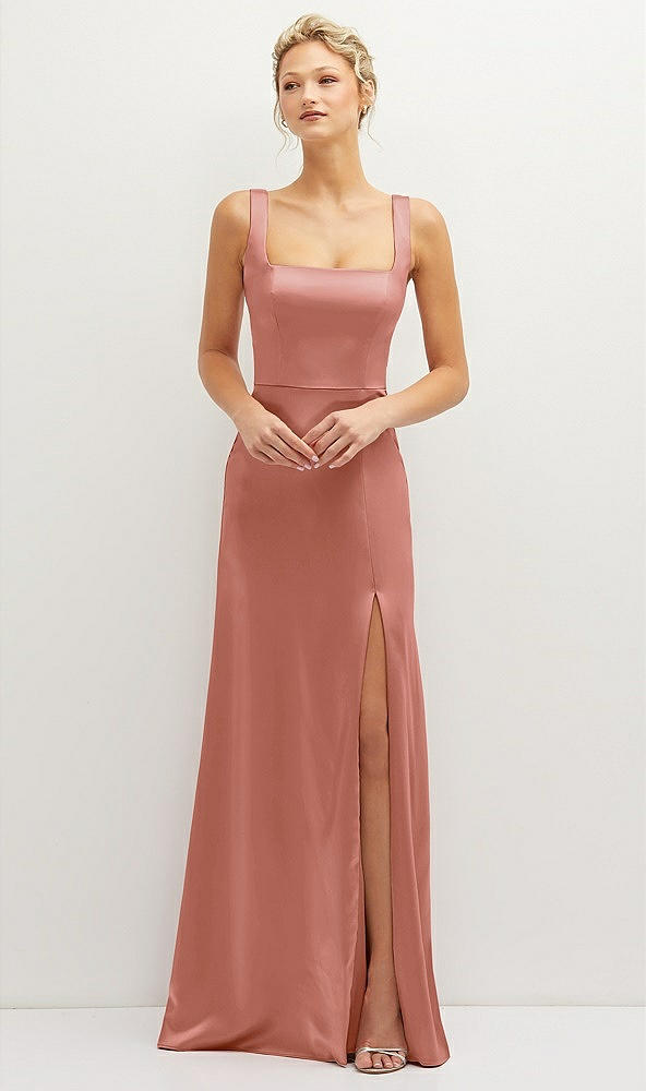 Front View - Desert Rose Square-Neck Satin A-line Maxi Dress with Front Slit