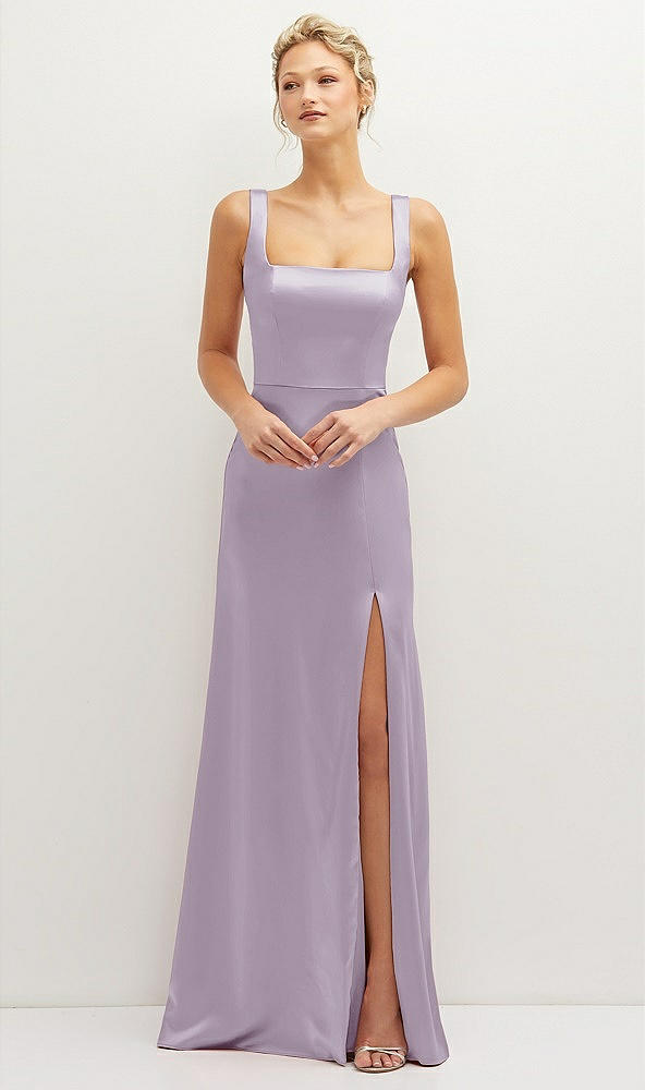 Front View - Lilac Haze Square-Neck Satin A-line Maxi Dress with Front Slit