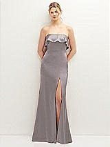 Front View Thumbnail - Cashmere Gray Soft Ruffle Cuff Strapless Trumpet Dress with Front Slit