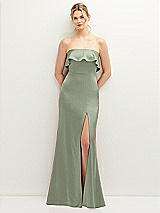 Front View Thumbnail - Sage Soft Ruffle Cuff Strapless Trumpet Dress with Front Slit
