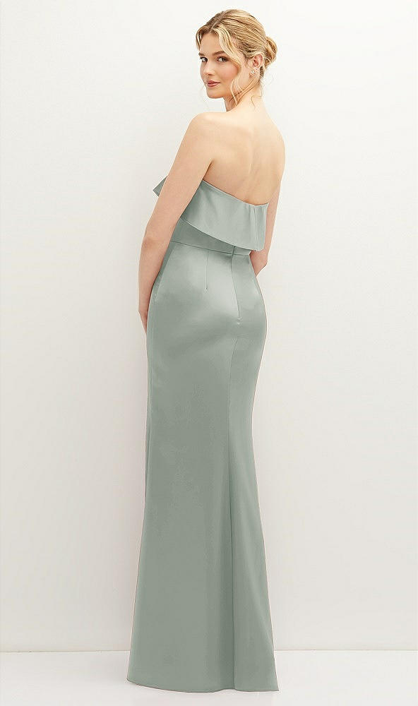 Back View - Willow Green Soft Ruffle Cuff Strapless Trumpet Dress with Front Slit