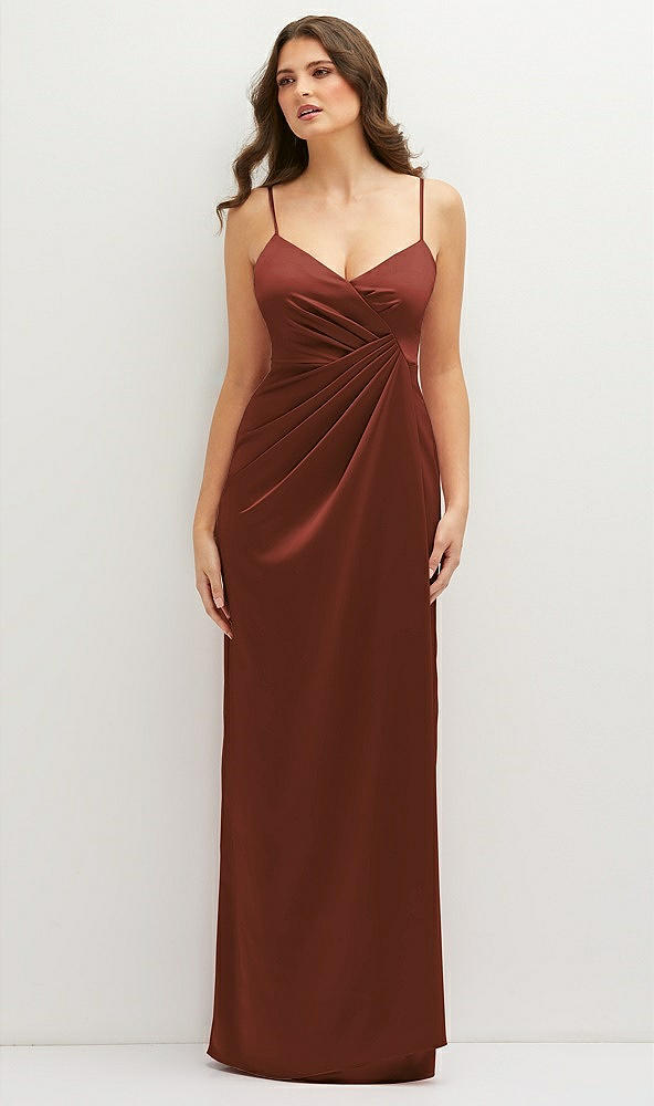Front View - Auburn Moon Asymmetrical Draped Pleat Wrap Satin Maxi Dress