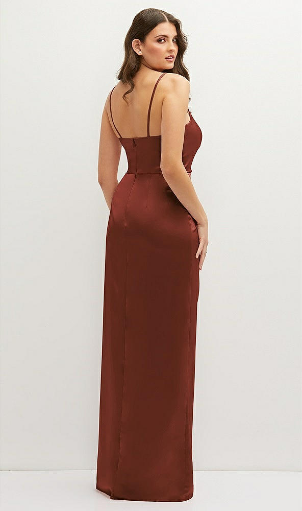 Back View - Auburn Moon Asymmetrical Draped Pleat Wrap Satin Maxi Dress