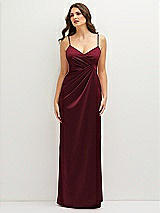 Front View Thumbnail - Cabernet Asymmetrical Draped Pleat Wrap Satin Maxi Dress