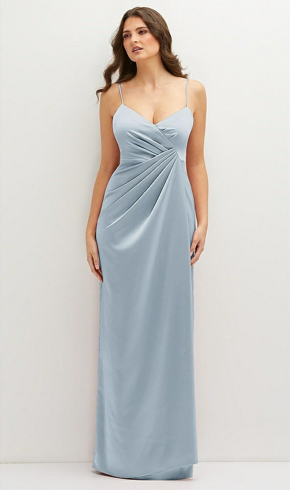 Front View - Mist Asymmetrical Draped Pleat Wrap Satin Maxi Dress
