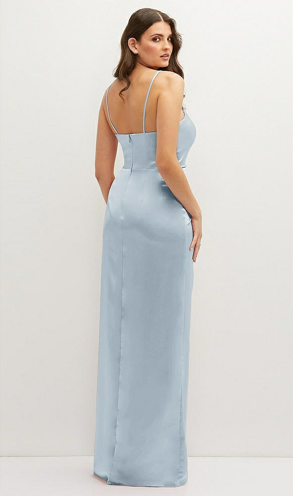 Back View - Mist Asymmetrical Draped Pleat Wrap Satin Maxi Dress