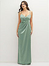 Front View Thumbnail - Seagrass Asymmetrical Draped Pleat Wrap Satin Maxi Dress