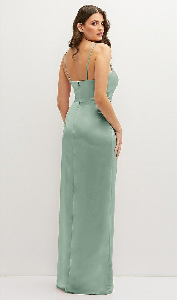 Back View - Seagrass Asymmetrical Draped Pleat Wrap Satin Maxi Dress