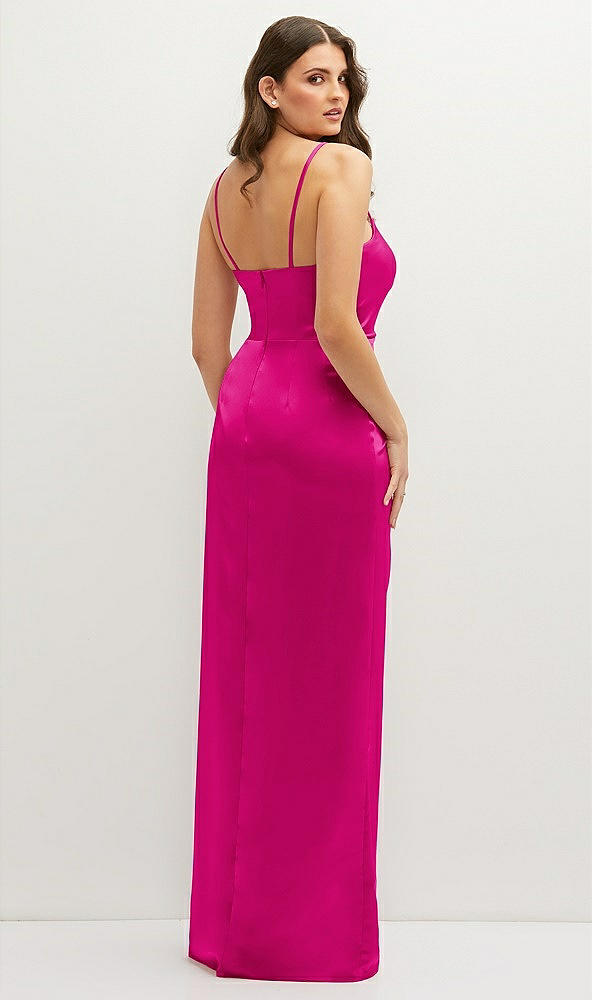 Back View - Think Pink Asymmetrical Draped Pleat Wrap Satin Maxi Dress