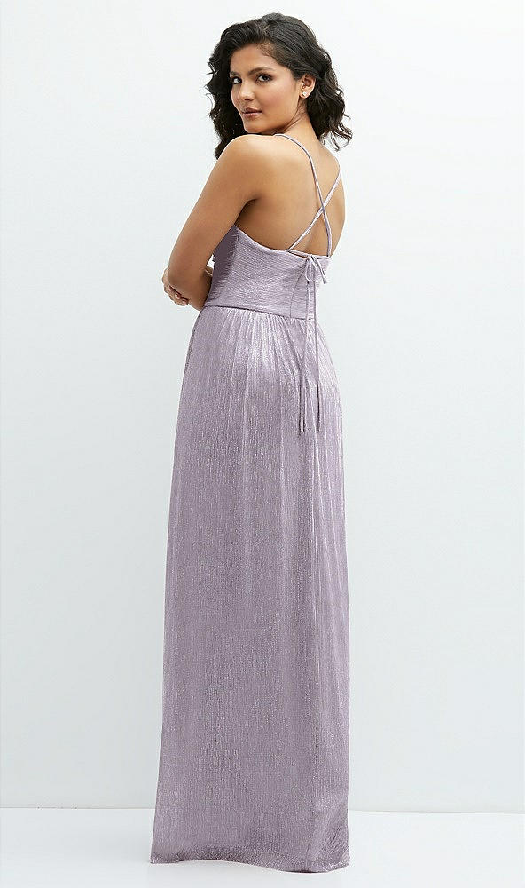 Back View - Metallic Lilac Haze Soft Cowl Neck Metallic Pleated Maxi Dress with Convertible Tie Straps