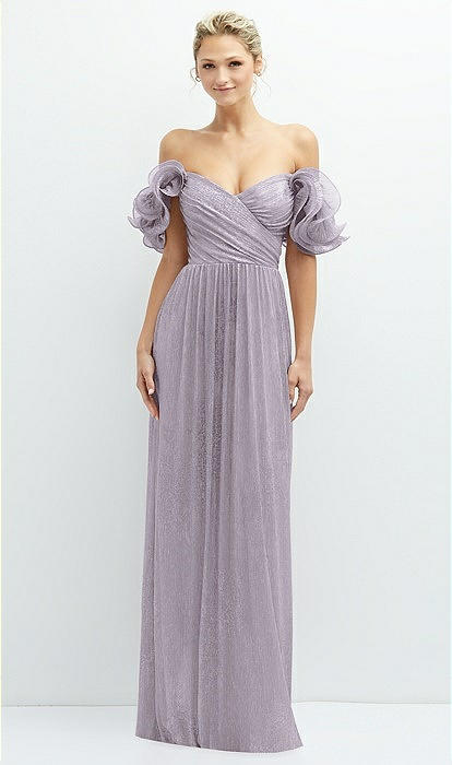 Dramatic Ruffle Edge Convertible Strap Metallic Pleated Maxi