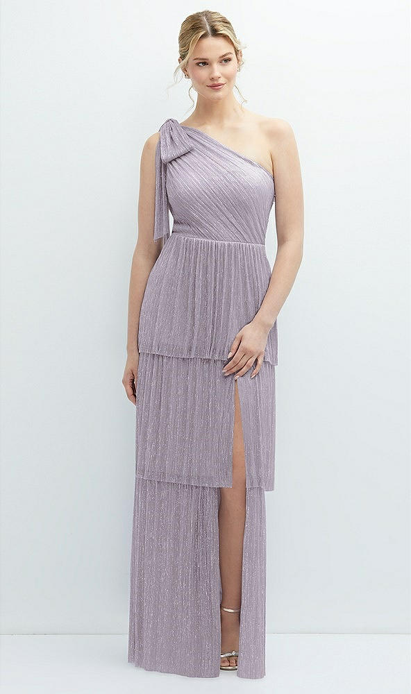 Front View - Metallic Lilac Haze Tiered Skirt Metallic Pleated One-Shoulder Bow Dress