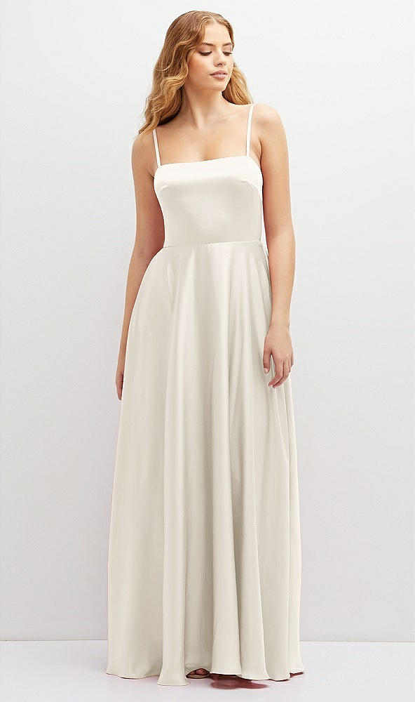 Front View - Ivory Adjustable Sash Tie Back Satin Maxi Dress with Full Skirt