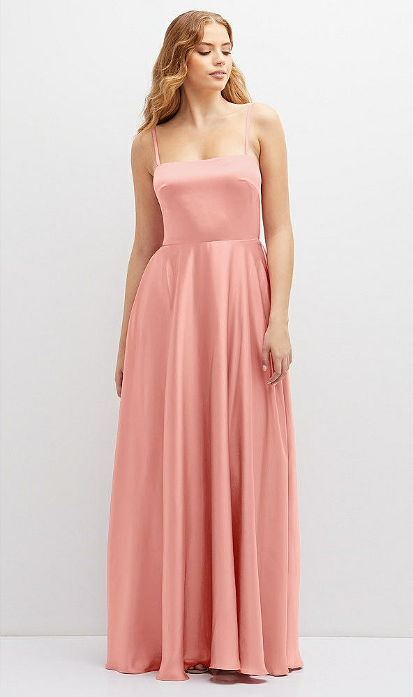 Front View - Rose Adjustable Sash Tie Back Satin Maxi Dress with Full Skirt