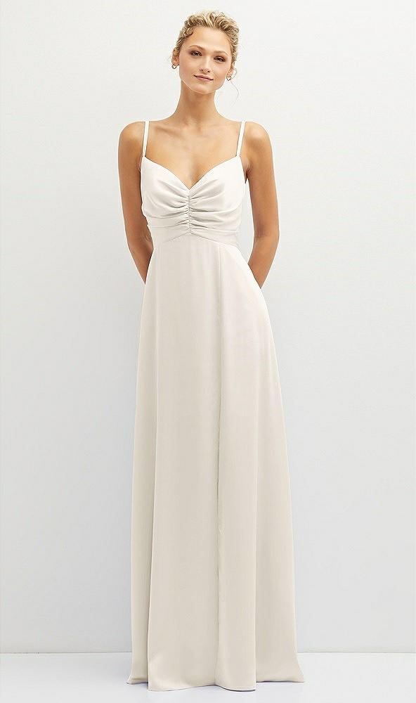 Front View - Ivory Vertical Ruched Bodice Satin Maxi Dress with Full Skirt