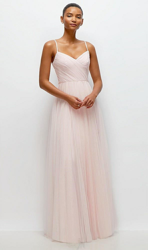 Front View - Ballet Pink Ruched Wrap Bodice Tulle Maxi Dress with Full Skirt