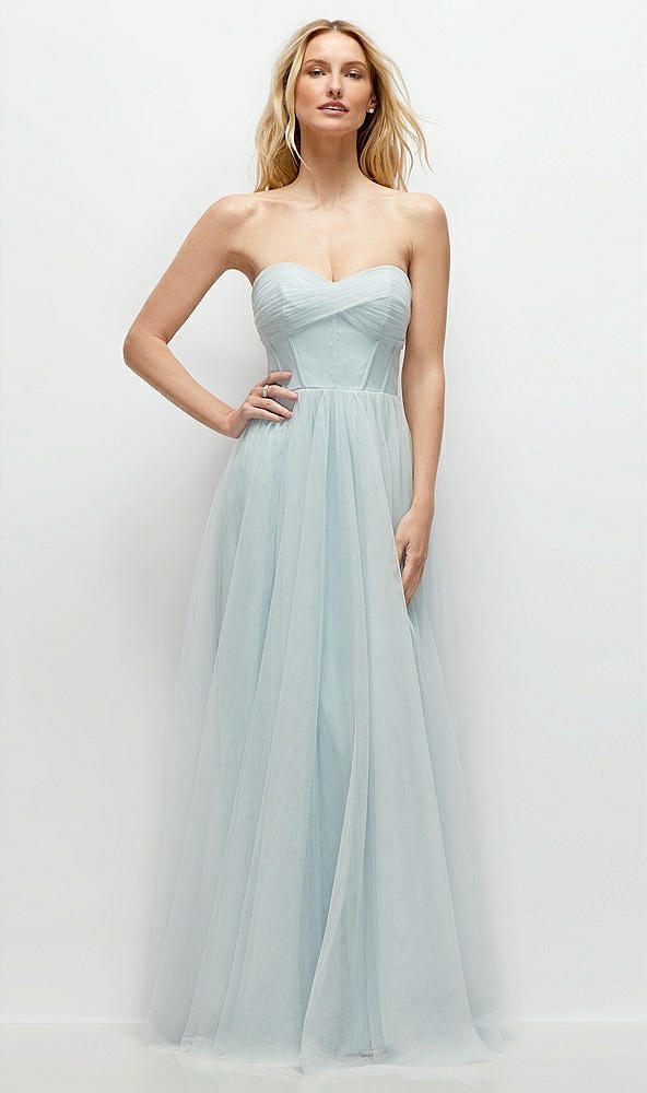 Front View - Mist Strapless Twist Cup Tulle Corset Dress with Full Maxi Skirt