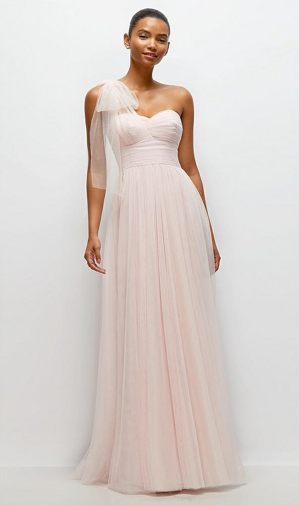 Front View - Ballet Pink Scarf Tie One-Shoulder Tulle Maxi Dress with Full Skirt