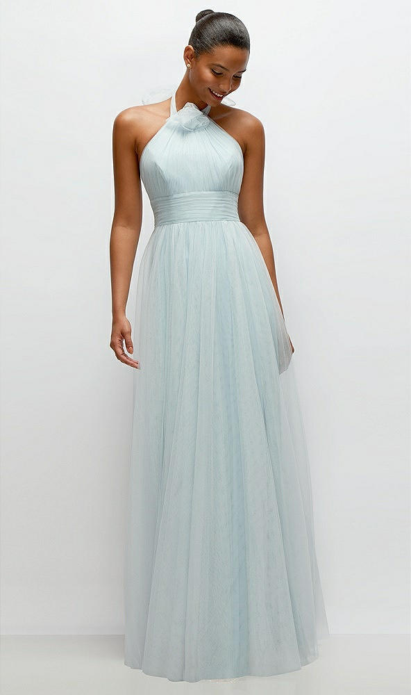 Front View - Mist Tie-Back Halter Tulle Maxi Dress with Full Skirt & Rosette Detail