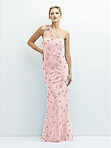 Front View Thumbnail - Rose One-Shoulder Fit and Flare 3D Floral Embroidered Dress