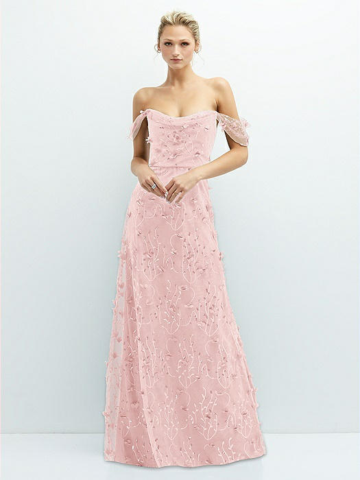 Off-the-Shoulder A-line 3D Floral Embroidered Dress