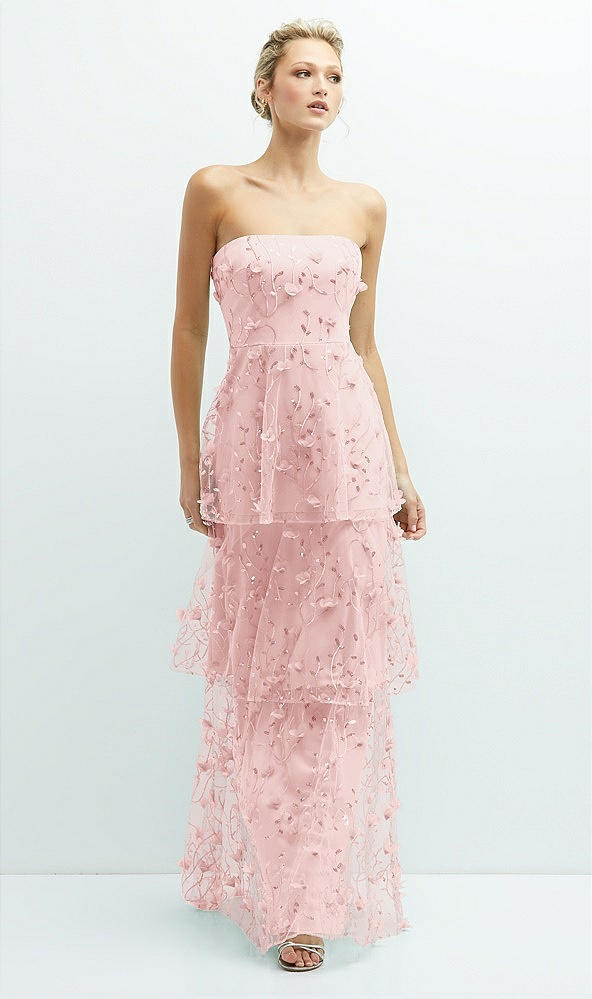 Front View - Rose Strapless 3D Floral Embroidered Dress with Tiered Maxi Skirt