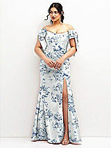 Front View Thumbnail - Cottage Rose Larkspur Off-the-Shoulder Bow Floral Satin Corset Dress with Fit and Flare Skirt