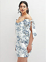 Alt View 1 Thumbnail - Cottage Rose Larkspur Floral Satin Off-the-Shoulder Bow Corset Fit and Flare Mini Dress