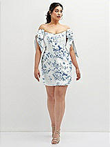 Alt View 2 Thumbnail - Cottage Rose Larkspur Floral Satin Off-the-Shoulder Bow Corset Fit and Flare Mini Dress