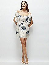 Front View Thumbnail - Inkwash Blue Floral Floral Satin Off-the-Shoulder Bow Corset Fit and Flare Mini Dress