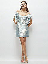 Front View Thumbnail - Porcelain Blue Seraphina Floral Floral Satin Off-the-Shoulder Bow Corset Fit and Flare Mini Dress
