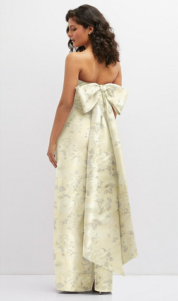 Back View - Butter Yellow Floral Floral Strapless Draped Bodice Column Dress with Oversized Bow
