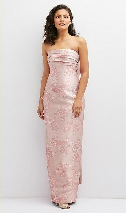 Floral Strapless Draped Bodice Column Bridesmaid Dress With