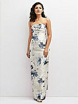 Front View Thumbnail - Inkwash Blue Floral Floral Strapless Draped Bodice Column Dress with Oversized Bow