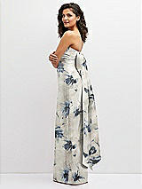 Side View Thumbnail - Inkwash Blue Floral Floral Strapless Draped Bodice Column Dress with Oversized Bow