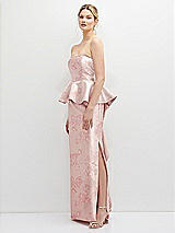 Side View Thumbnail - Bow And Blossom Print Floral Strapless Satin Maxi Dress with Cascade Ruffle Peplum Detail