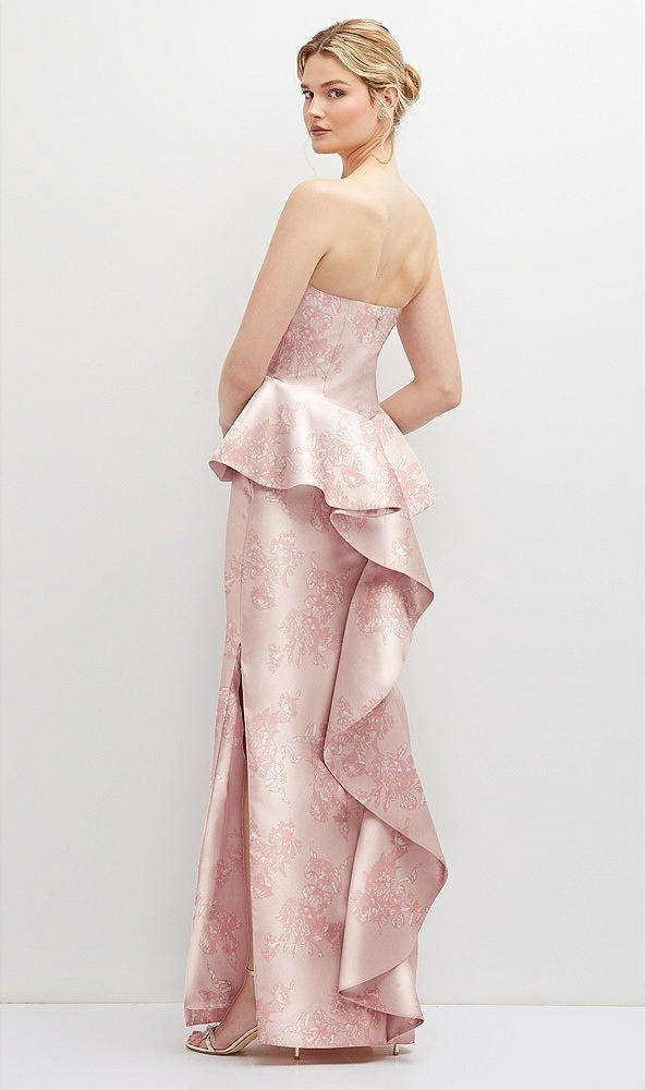 Back View - Bow And Blossom Print Floral Strapless Satin Maxi Dress with Cascade Ruffle Peplum Detail