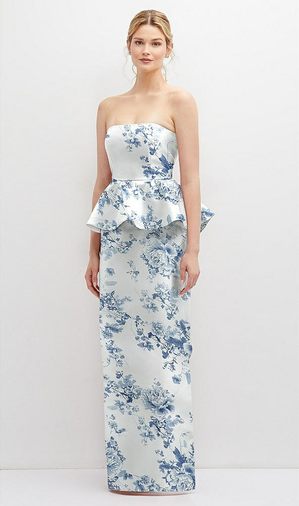 Front View - Cottage Rose Larkspur Floral Strapless Satin Maxi Dress with Cascade Ruffle Peplum Detail