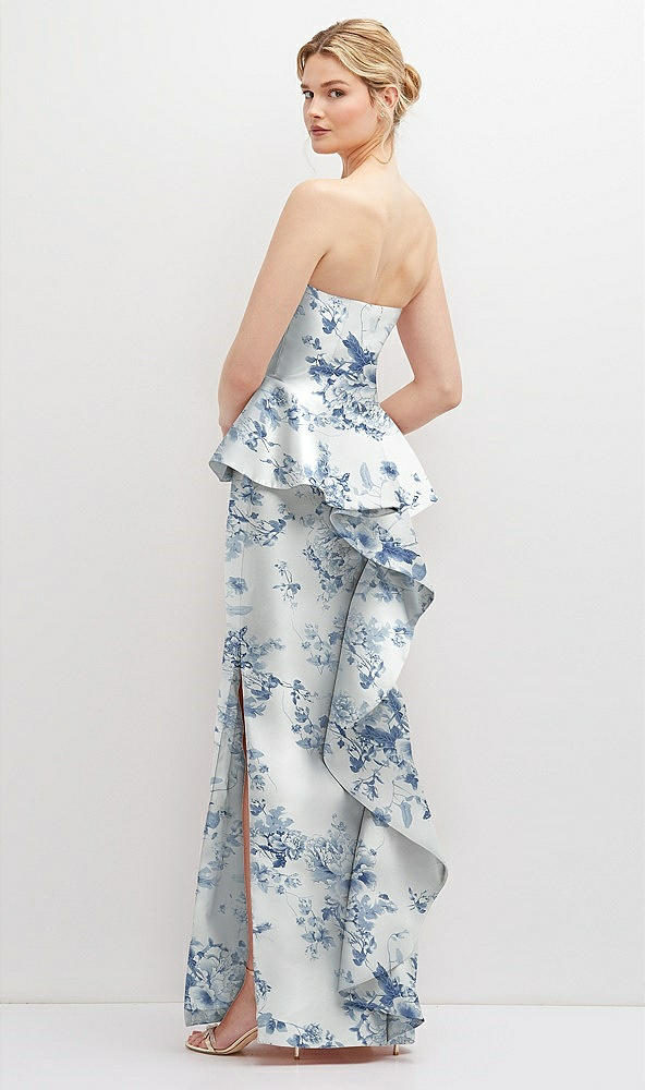 Back View - Cottage Rose Larkspur Floral Strapless Satin Maxi Dress with Cascade Ruffle Peplum Detail