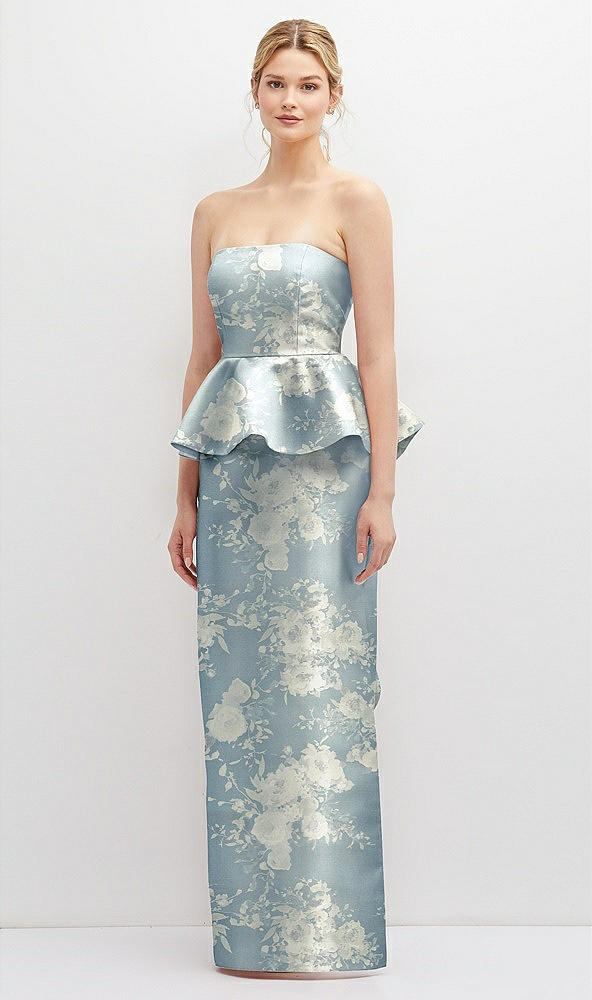 Front View - Porcelain Blue Seraphina Floral Floral Strapless Satin Maxi Dress with Cascade Ruffle Peplum Detail