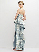 Rear View Thumbnail - Porcelain Blue Seraphina Floral Floral Strapless Satin Maxi Dress with Cascade Ruffle Peplum Detail