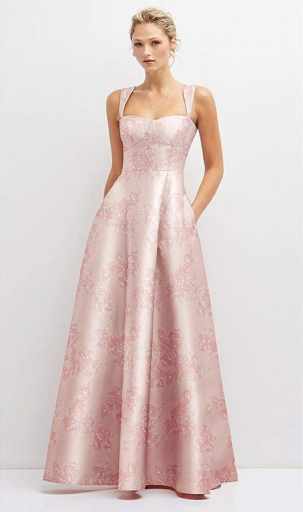 Front View - Bow And Blossom Print Floral Lace-Up Back Bustier Satin Dress with Full Skirt and Pockets