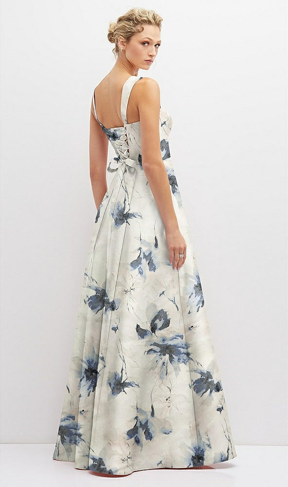 Back View - Inkwash Blue Floral Floral Lace-Up Back Bustier Satin Dress with Full Skirt and Pockets