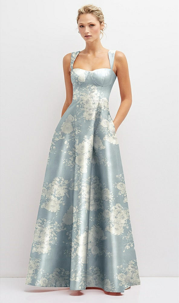Front View - Porcelain Blue Seraphina Floral Floral Lace-Up Back Bustier Satin Dress with Full Skirt and Pockets