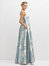 Side View Thumbnail - Porcelain Blue Seraphina Floral Floral Lace-Up Back Bustier Satin Dress with Full Skirt and Pockets