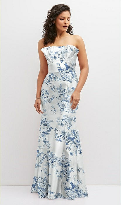 Floral Strapless Satin Fit And Flare Bridesmaid Dress With Crumb Floral Strapless Satin Fit And Flare Bridesmaid Dress With Crumb