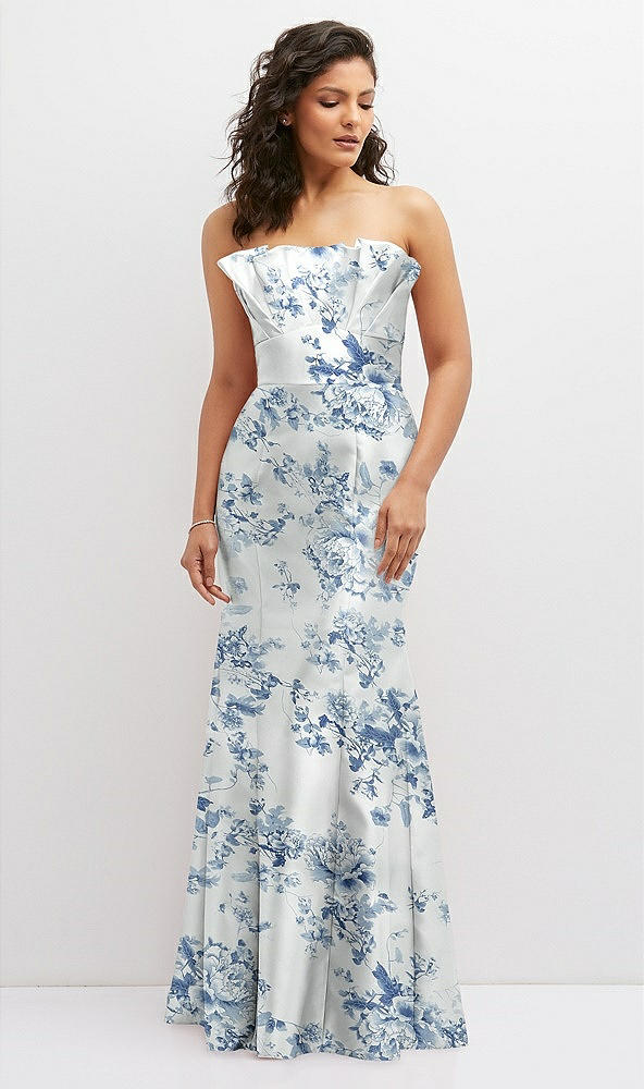 Front View - Cottage Rose Larkspur Floral Strapless Satin Fit and Flare Dress with Crumb-Catcher Bodice